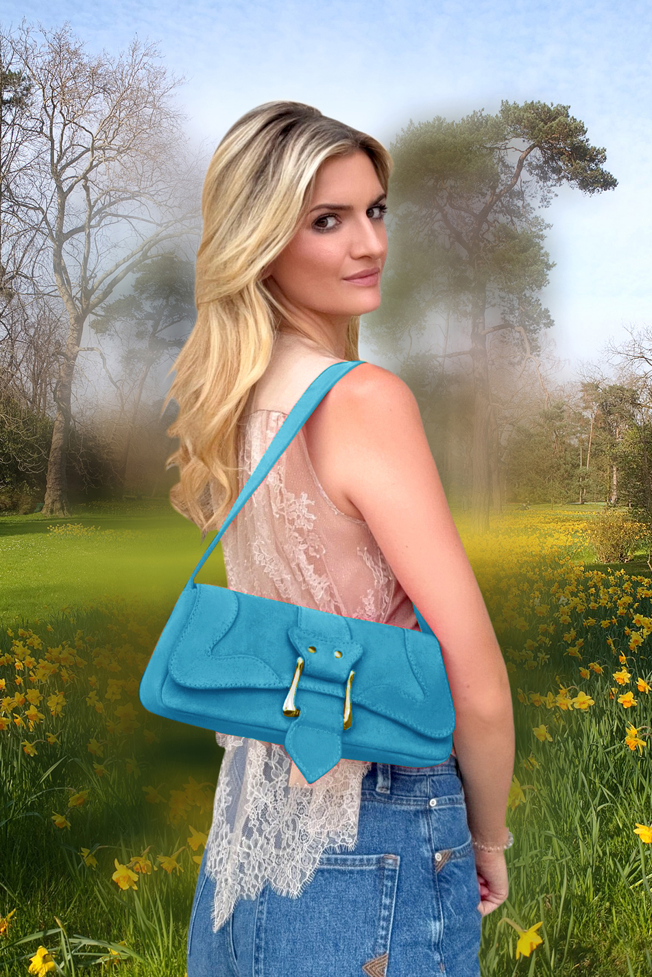 Small dressy baguette bag in turquoise blue leather - Top view